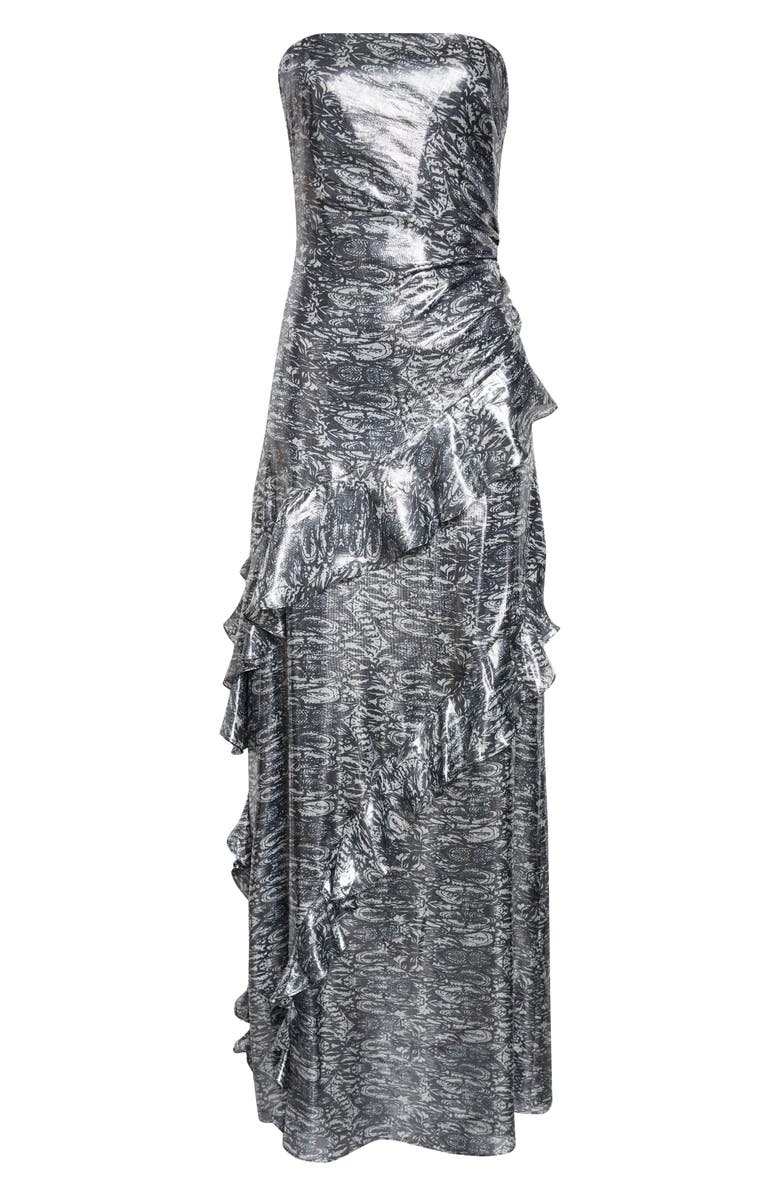 Ramy Brook Dominika Metallic Abstract Print Strapless Silk Blend Gwon, Alternate, color, Navy Lurex