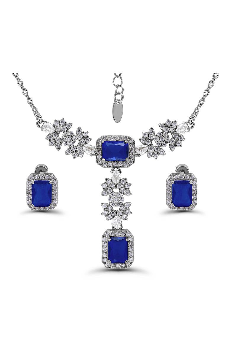 Emerald Cut Cubic Zirconia Pendant Necklace & Stud Earrings Set, Main, color, SILVER/BLUE