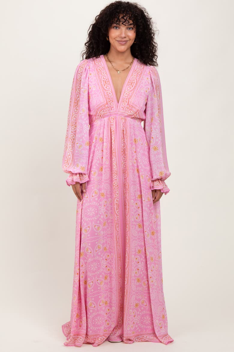 Paisley Deep V-Neck Long Sleeve Maxi Dress, Alternate, color, Pink