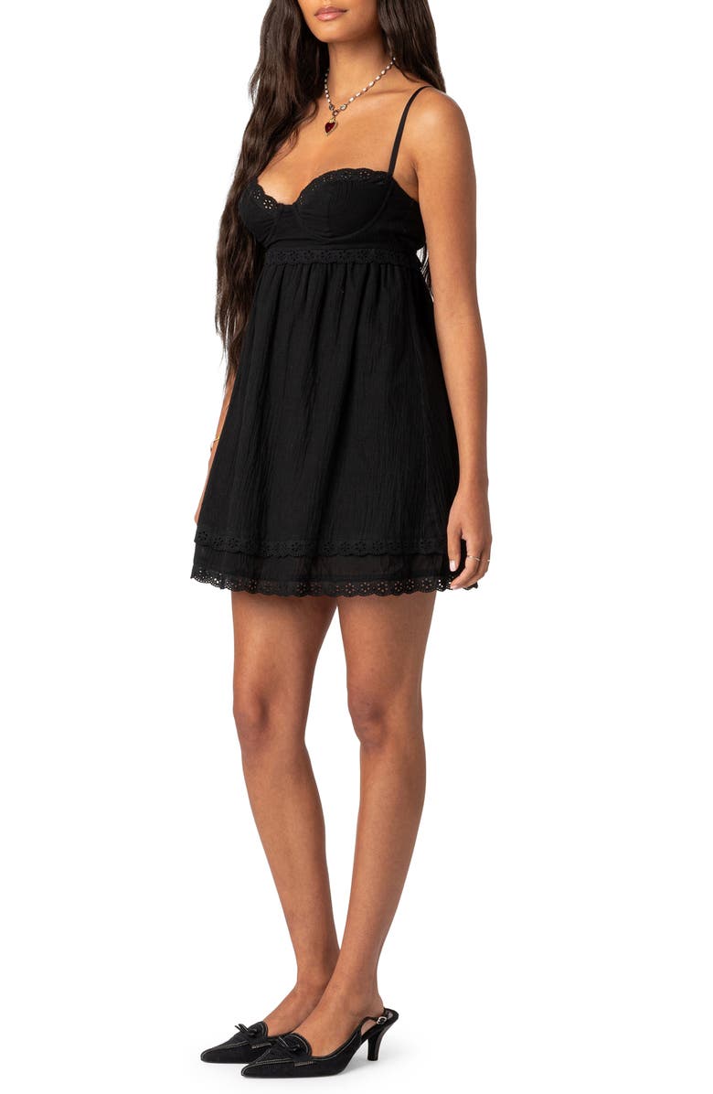 EDIKTED Bonny Eyelet Trim Cotton Babydoll Minidress, Alternate, color, Black