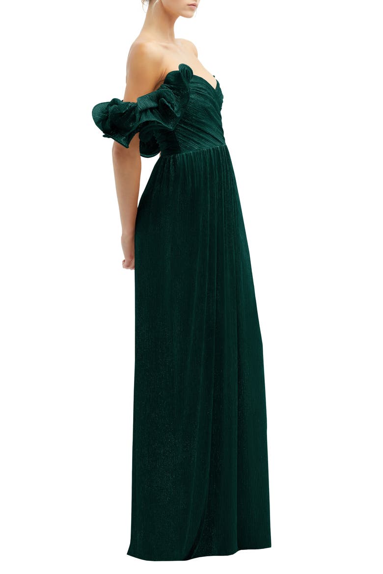Ruffle Off the Shoulder Metallic Column Gown, Alternate, color, EVERGREEN METALLIC