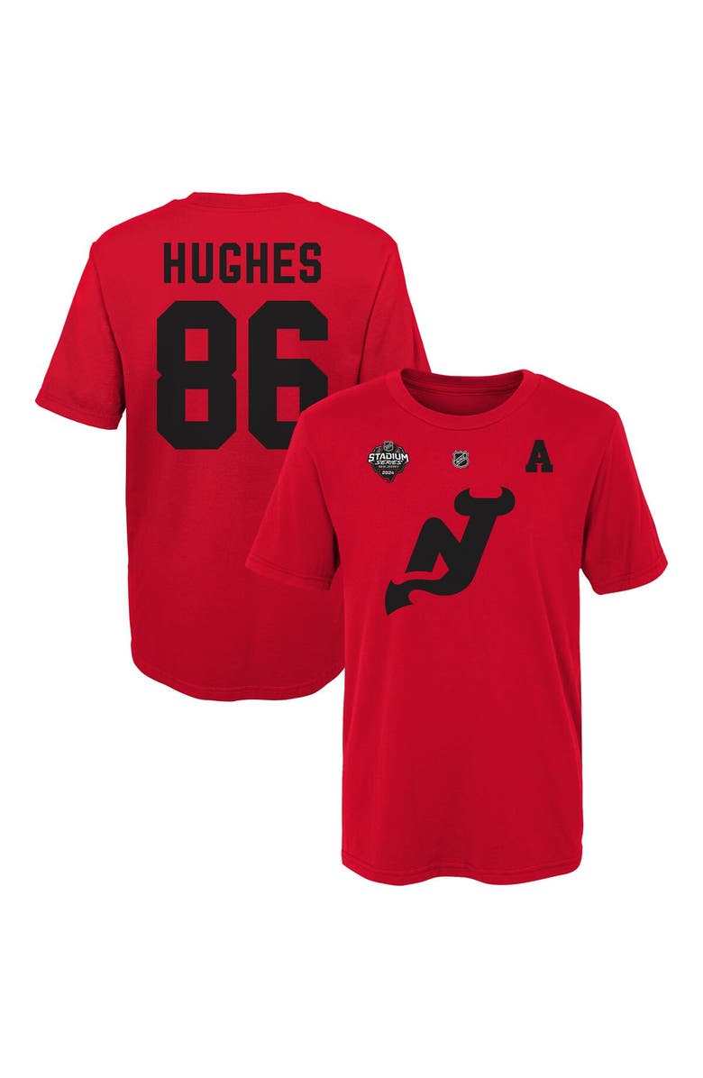 Outerstuff Youth Jack Hughes Red New Jersey Devils 2024 NHL Stadium Series Name & Number T-Shirt, Main, color, 