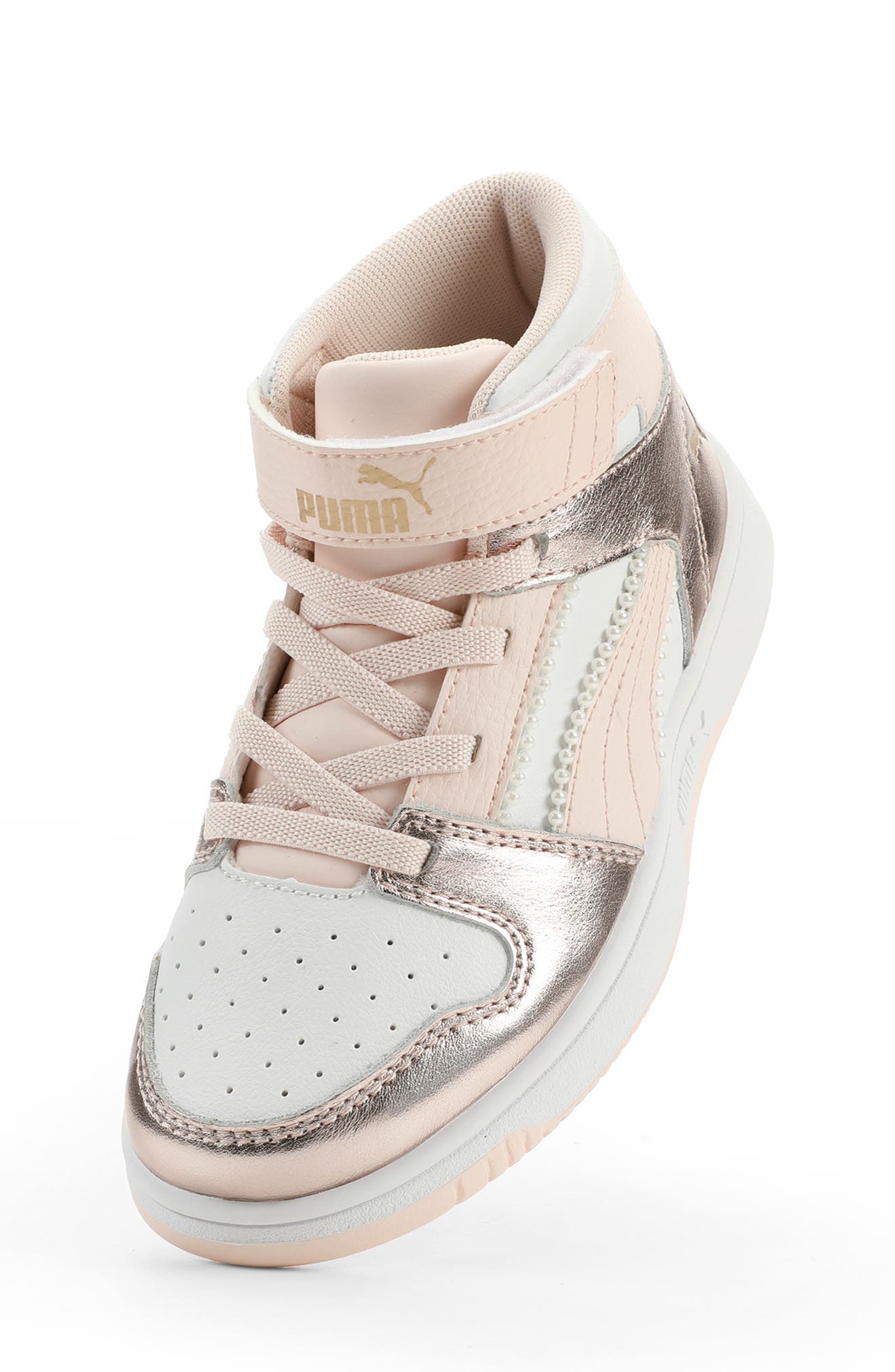 PUMA Kids' Rebound Layup High Top Sneaker, Alternate, color, Puma White/ Jasmine/ Gold