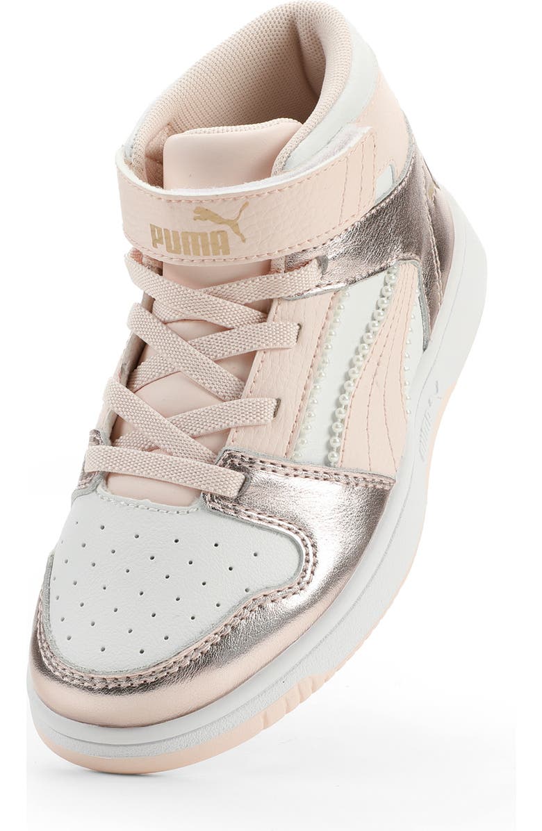 PUMA Kids' Rebound Layup High Top Sneaker, Alternate, color, Puma White/ Jasmine/ Gold