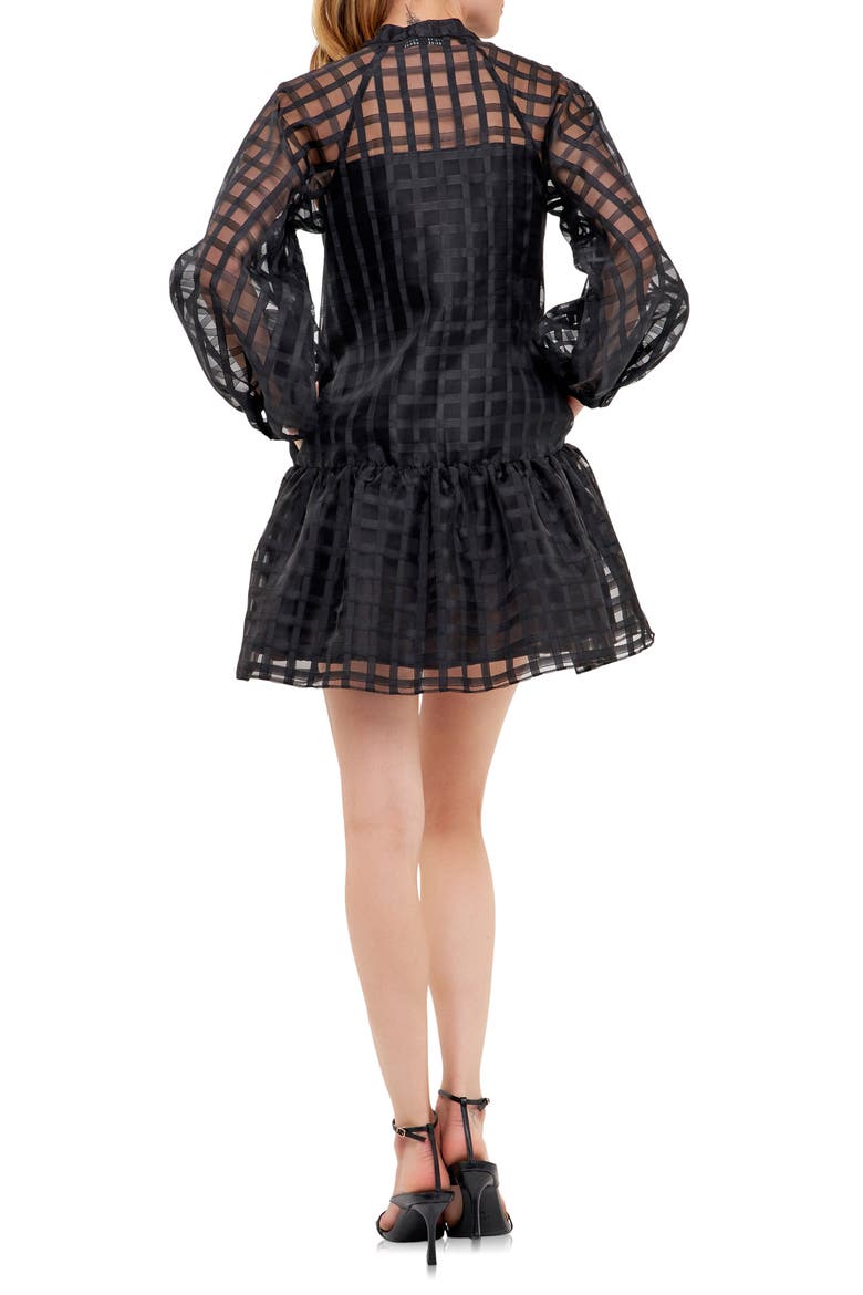 Check Long Sleeve Organza Dress, Alternate, color, BLACK