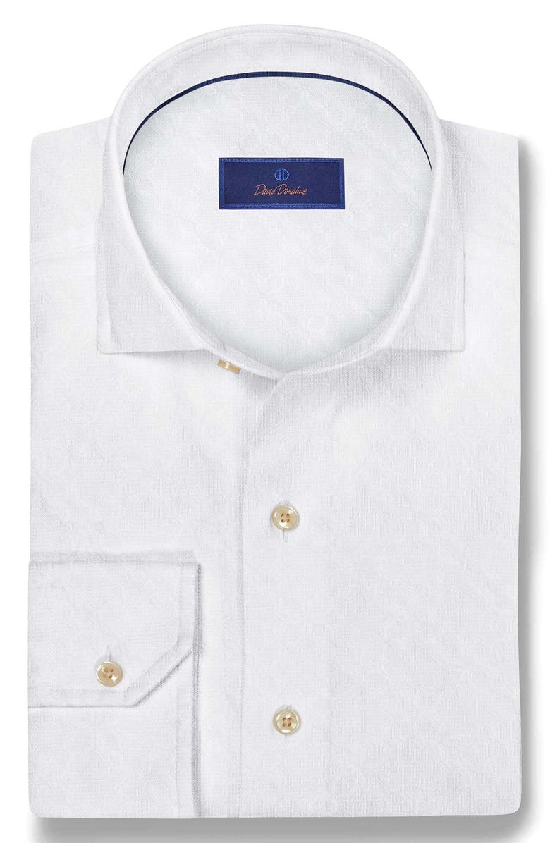 David Donahue Geometric Jacquard Cotton Button-Up Shirt, Alternate, color, White