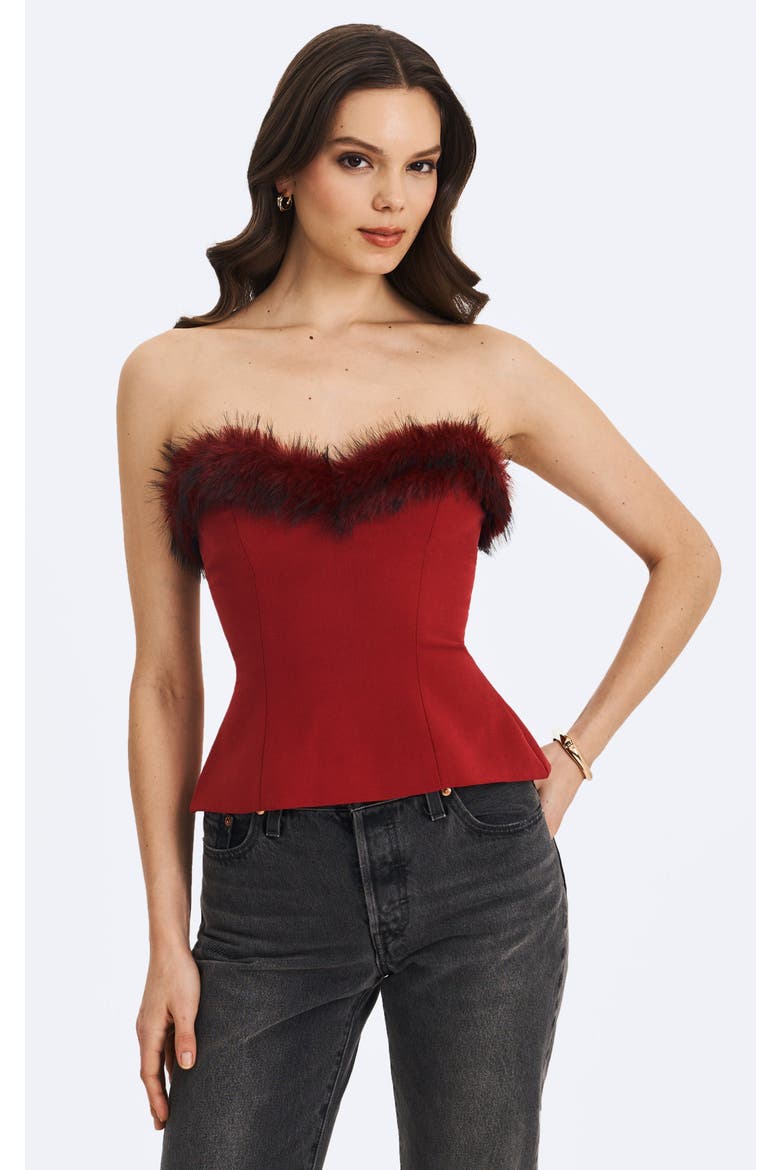 Ivette Faux Fur-Trimmed Peplum Top, Alternate, color, Crimson