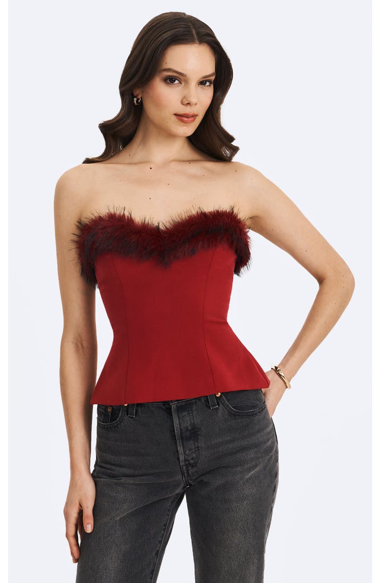Miss Circle Ivette Faux Fur-Trimmed Peplum Top, Alternate, color, Crimson