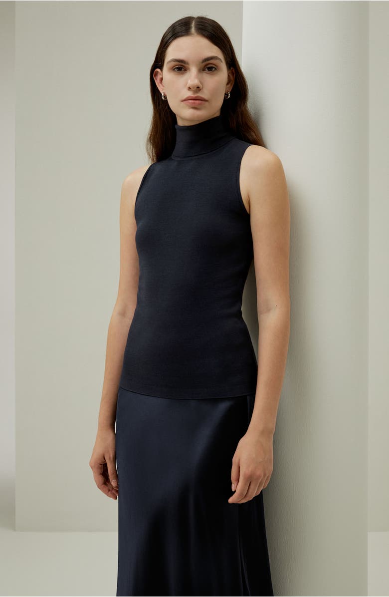 Lilysilk Minimalist Sleeveless Turtleneck Top, Alternate, color, Navy Blue