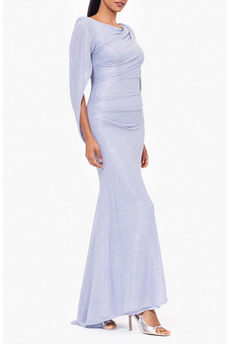 Metallic Crinkle Cape Sleeve Trumpet Gown, Alternate, color, BLUE/ SILVER