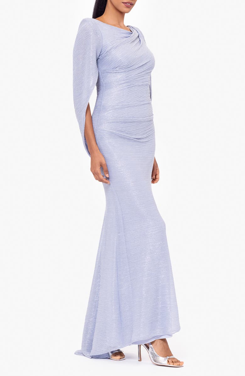 Betsy & Adam Metallic Crinkle Cape Sleeve Trumpet Gown, Alternate, color, Blue/ Silver