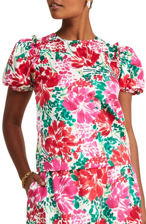 Brush Floral Print Puff Sleeve Top