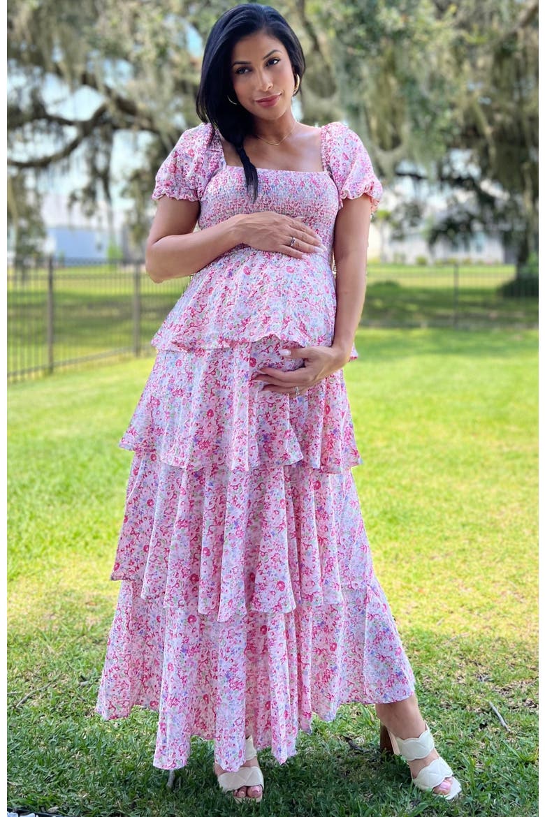 Floral Square Neck Ruffle Layered Maxi Dress, Alternate, color, Pink