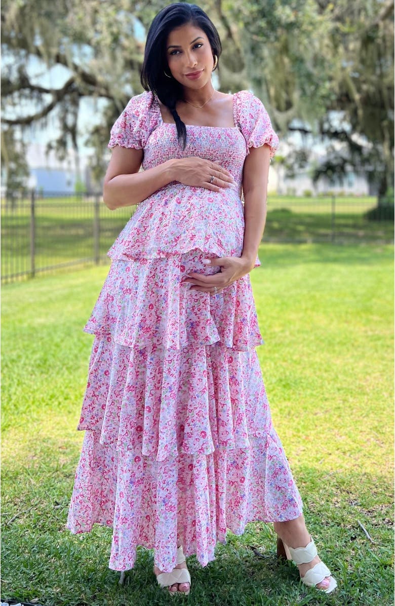 PinkBlush Floral Square Neck Ruffle Layered Maxi Dress, Alternate, color, Pink