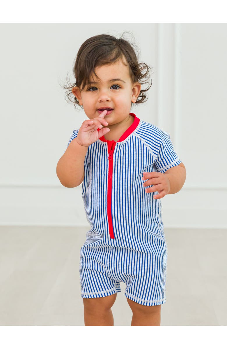 RuggedButts Baby Boys UPF50+ Seersucker Short Sleeve One Piece Rash Guard, Alternate, color, Blue Seersucker