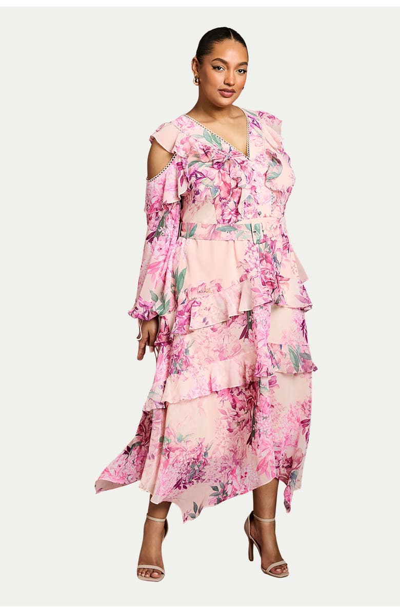 Coast Shoulder Printed Ruffle Midi Dress, Main, color, Pink