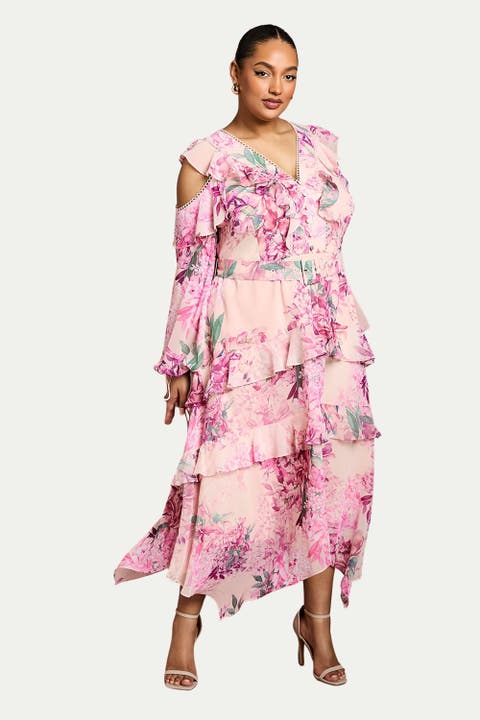 Shoulder Printed Ruffle Midi Dress