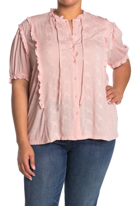 Short Sleeve Ruffled Button Up Top (Plus)