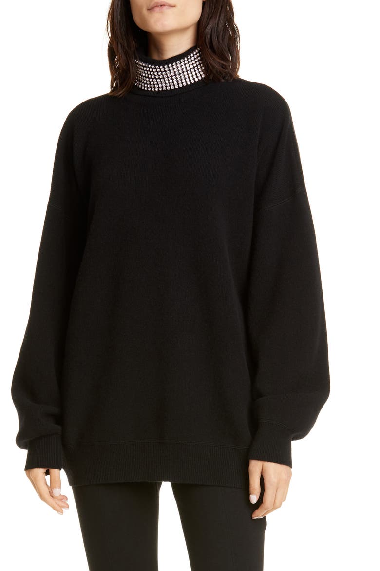 Crystal Neck Wool Blend Sweater, Main, color, BLACK
