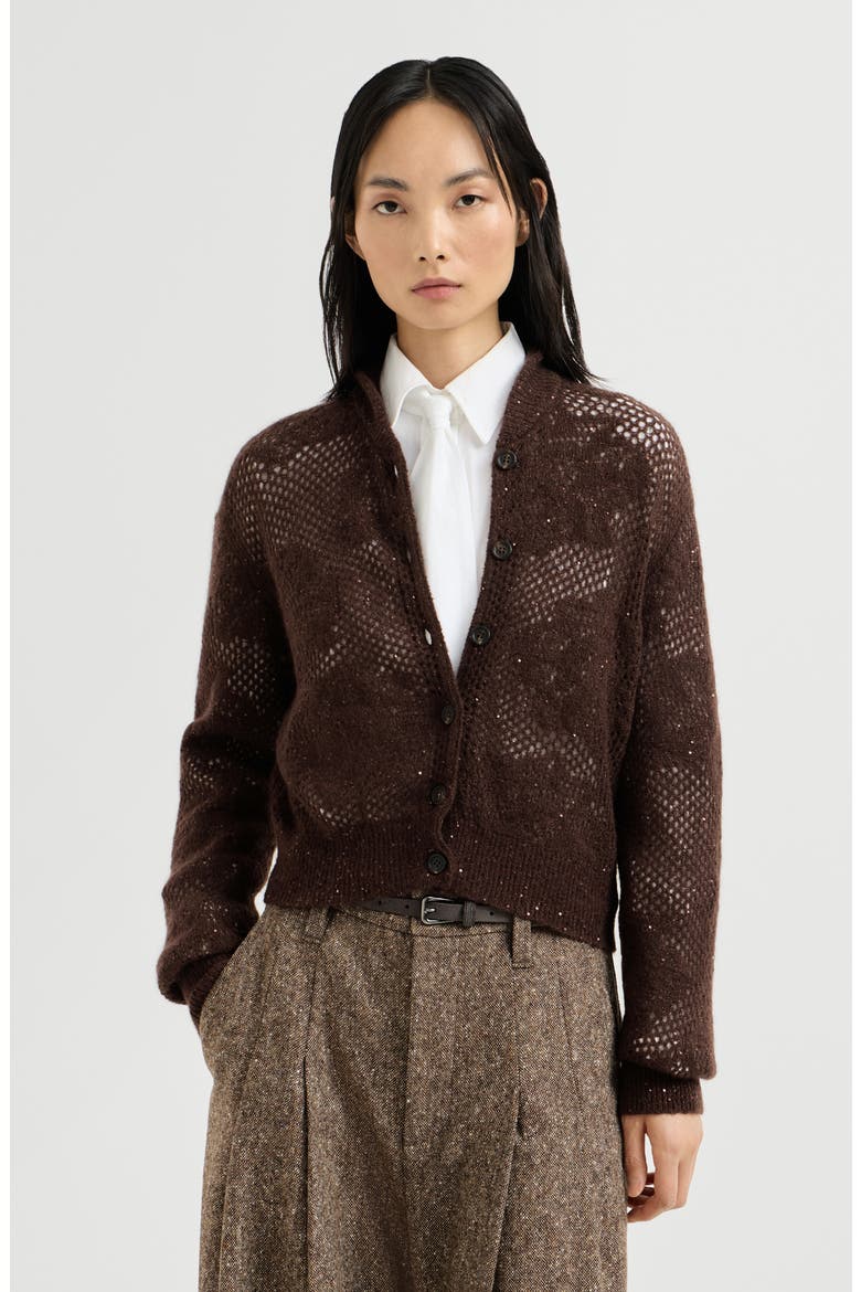 Lace flowers cardigan in sparkling mohair and virgin wool, Main, color, Brown