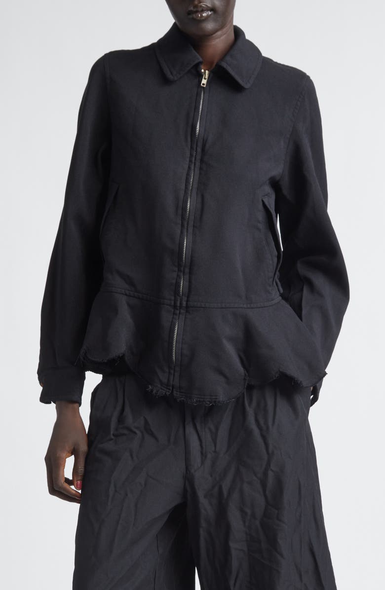 Comme des Garçons Comme des Garçons Raw Edge Gabardine Peplum Jacket, Main, color, Black
