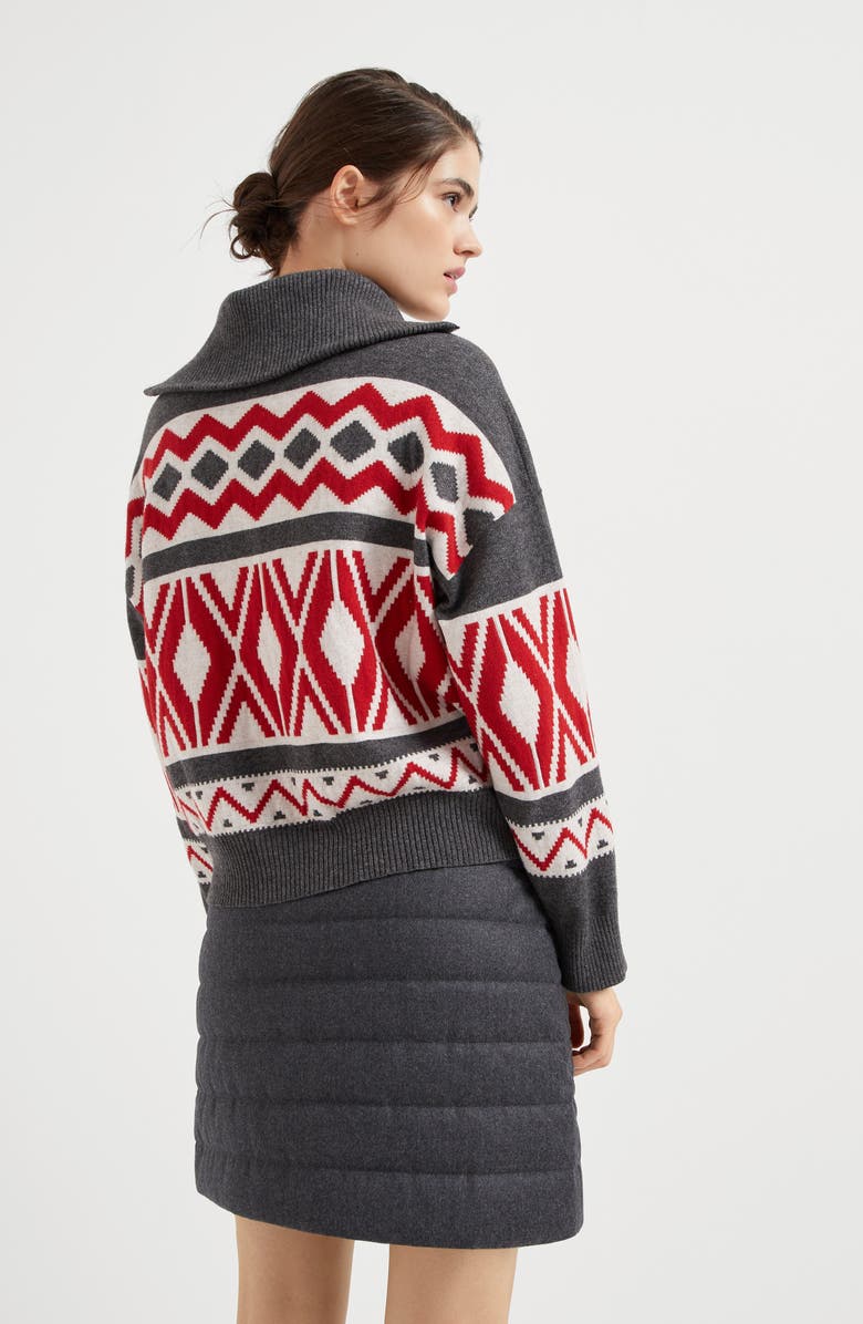 Brunello Cucinelli Virgin wool, cashmere and silk retro jacquard turtleneck sweater with half zip, Alternate, color, 