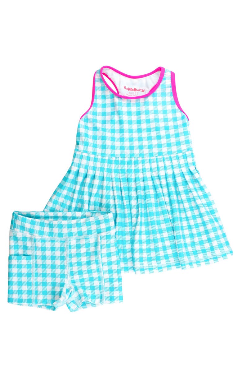 RuffleButts Toddler Girls UPF50+ Active Dress & Bike Short Set, Main, color, Bright Aqua Gingham