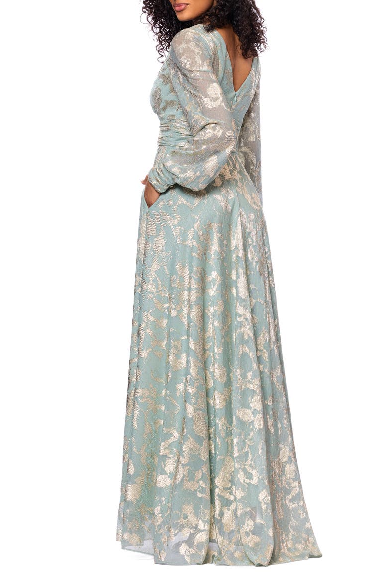 Foil Pattern Long Sleeve Gown, Alternate, color, SAGE/ GOLD