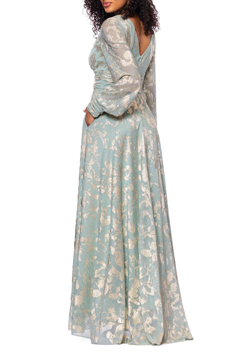 Betsy & Adam Foil Pattern Long Sleeve Gown, Alternate, color, Sage/ Gold