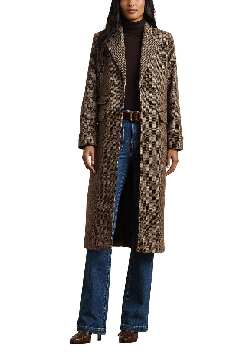 Longline Herringbone Wool Blend Reefer Coat, Main, color, BROWN BROKEN TWILL