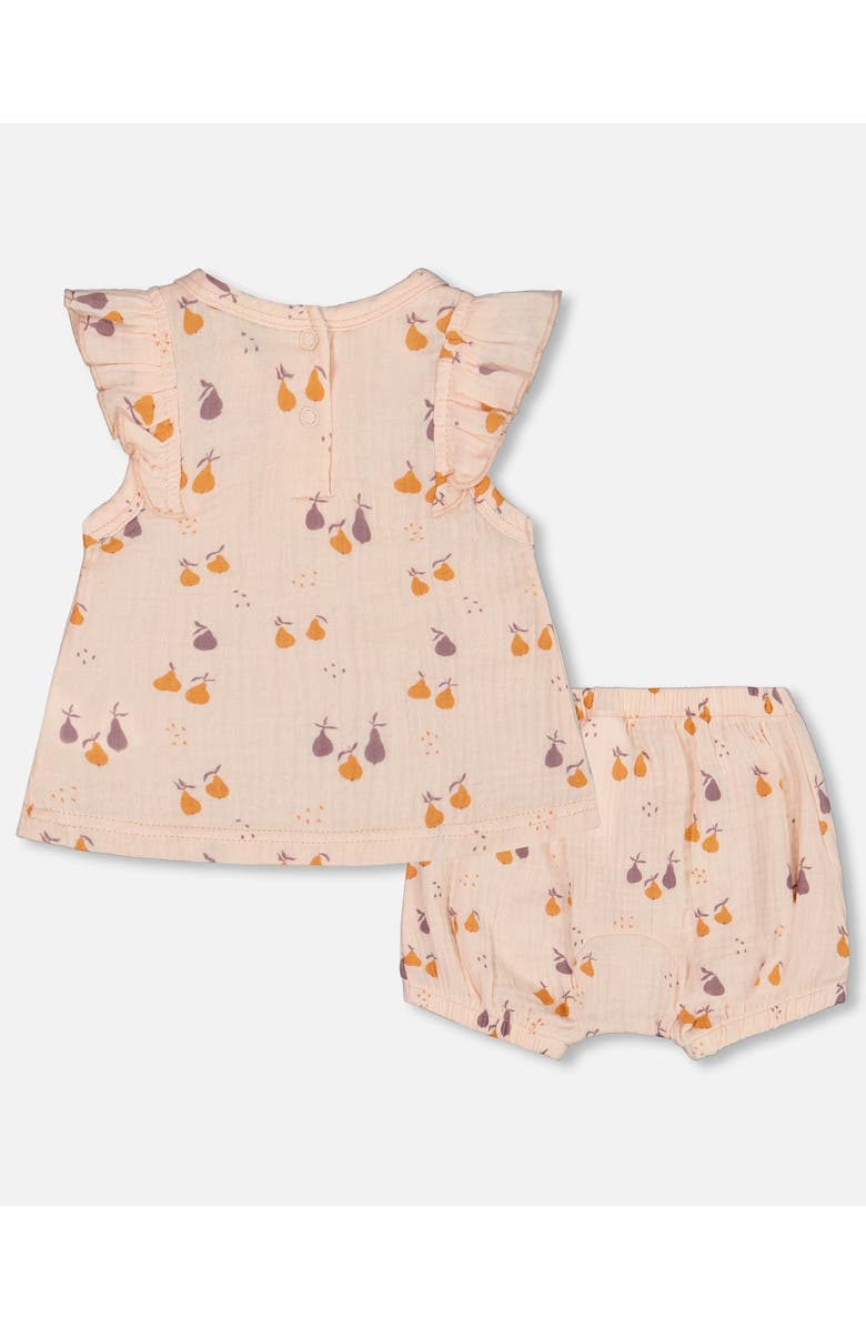 Deux par Deux Baby Girl's Printed Muslin Top And Bloomer Set Peach With Pears, Alternate, color, Peach With Pears Print
