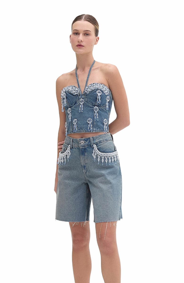 PatBO Nostalgic Sky Beaded Denim Short, Main, color, 