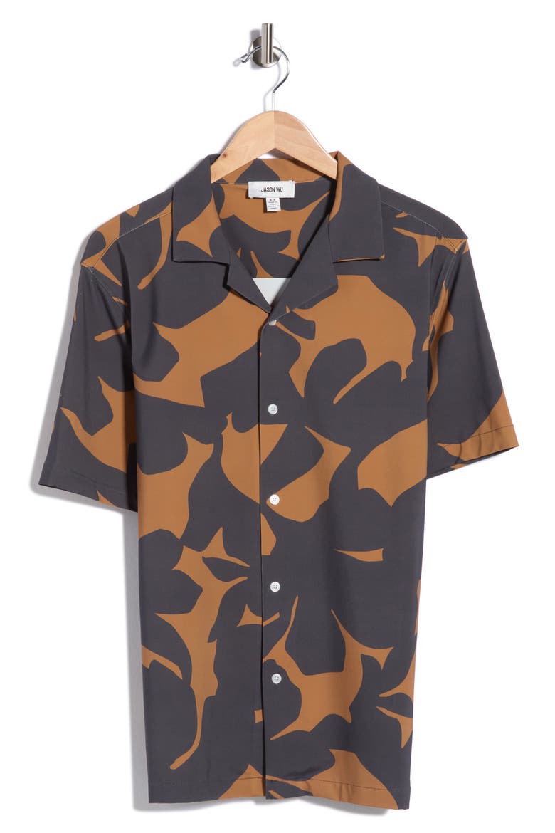 Floral Camp Shirt, Alternate, color, DARK GREY / RUST PRINT
