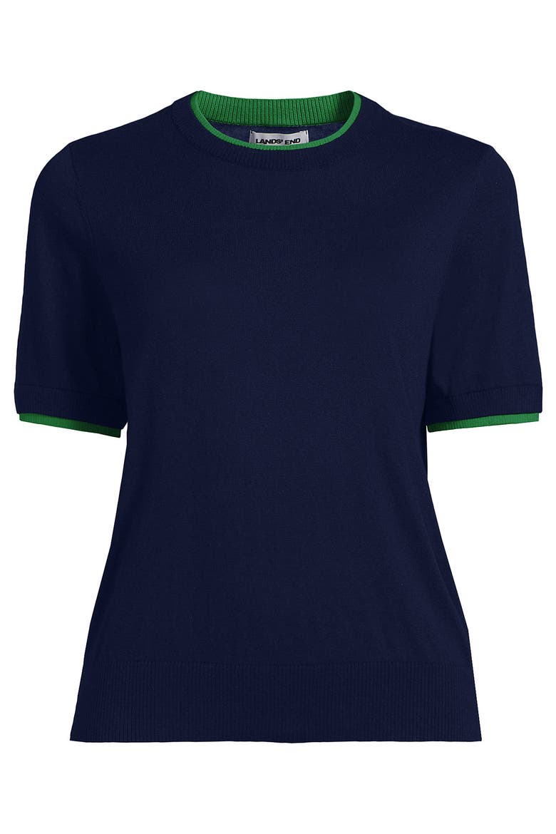 Plus Size Double Trim Cotton Crew Neck Tee Sweater, Alternate, color, Deep Sea Navy/Clover