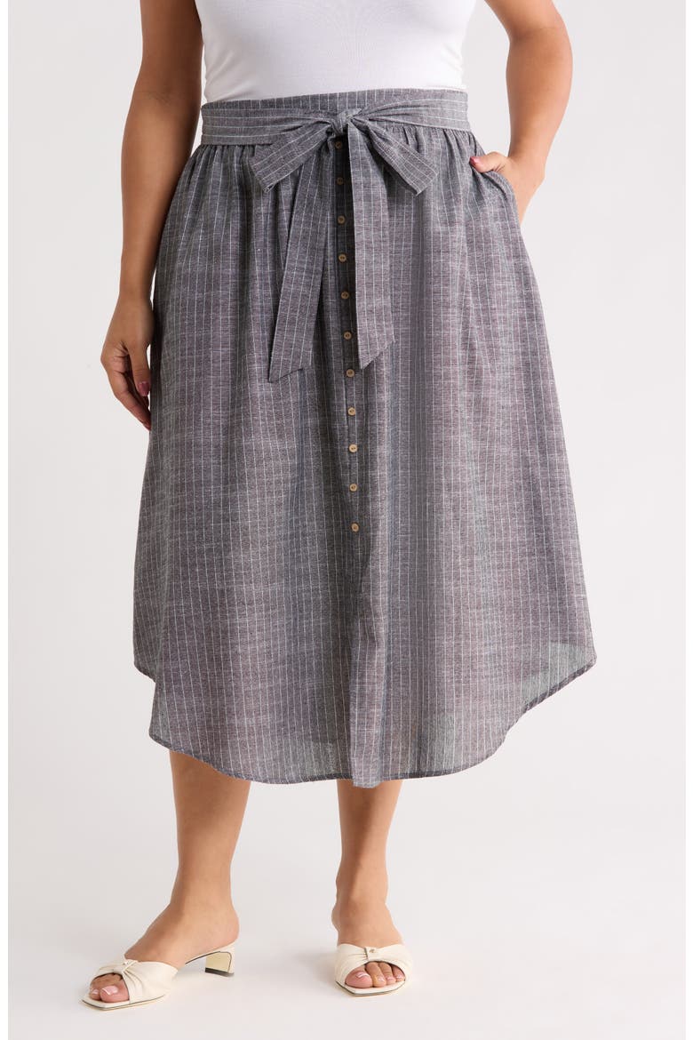 Stripe Linen Blend Curve Hem Midi Skirt, Main, color, BLACK