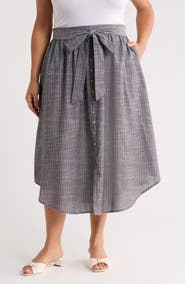 Renee C Stripe Linen Blend Curve Hem Midi Skirt