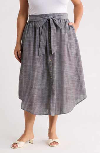 Renee C Stripe Linen Blend Curve Hem Midi Skirt
