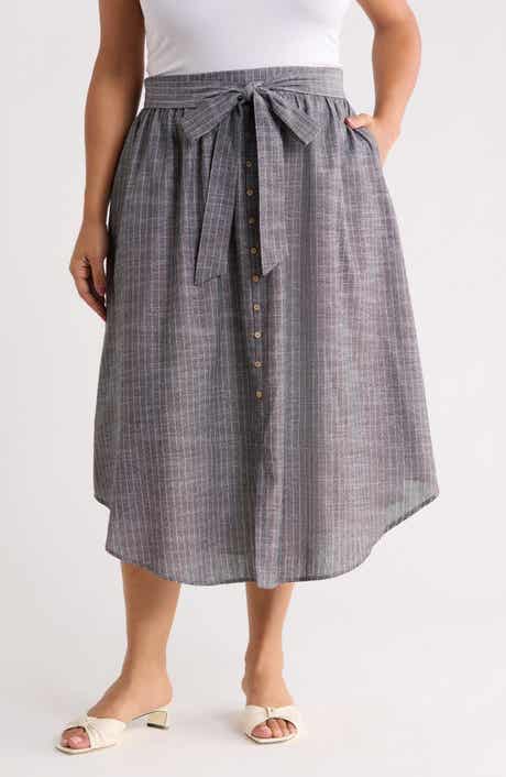 Renee C Stripe Linen Blend Curve Hem Midi Skirt