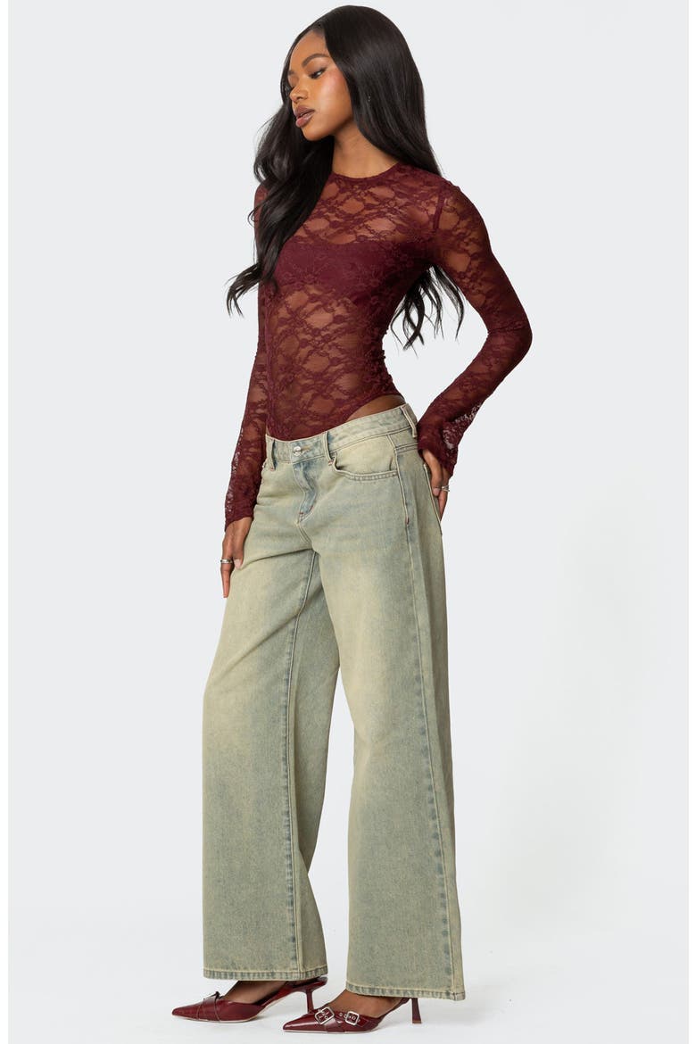 Colette Sheer Lace Bodysuit, Alternate, color, BURGUNDY