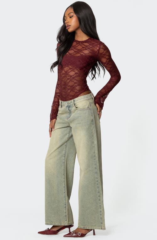 Shop Edikted Colette Sheer Lace Bodysuit In Burgundy