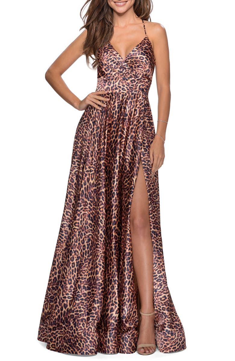 La Femme Leopard Print Strappy Slit Gown, Main, color, 