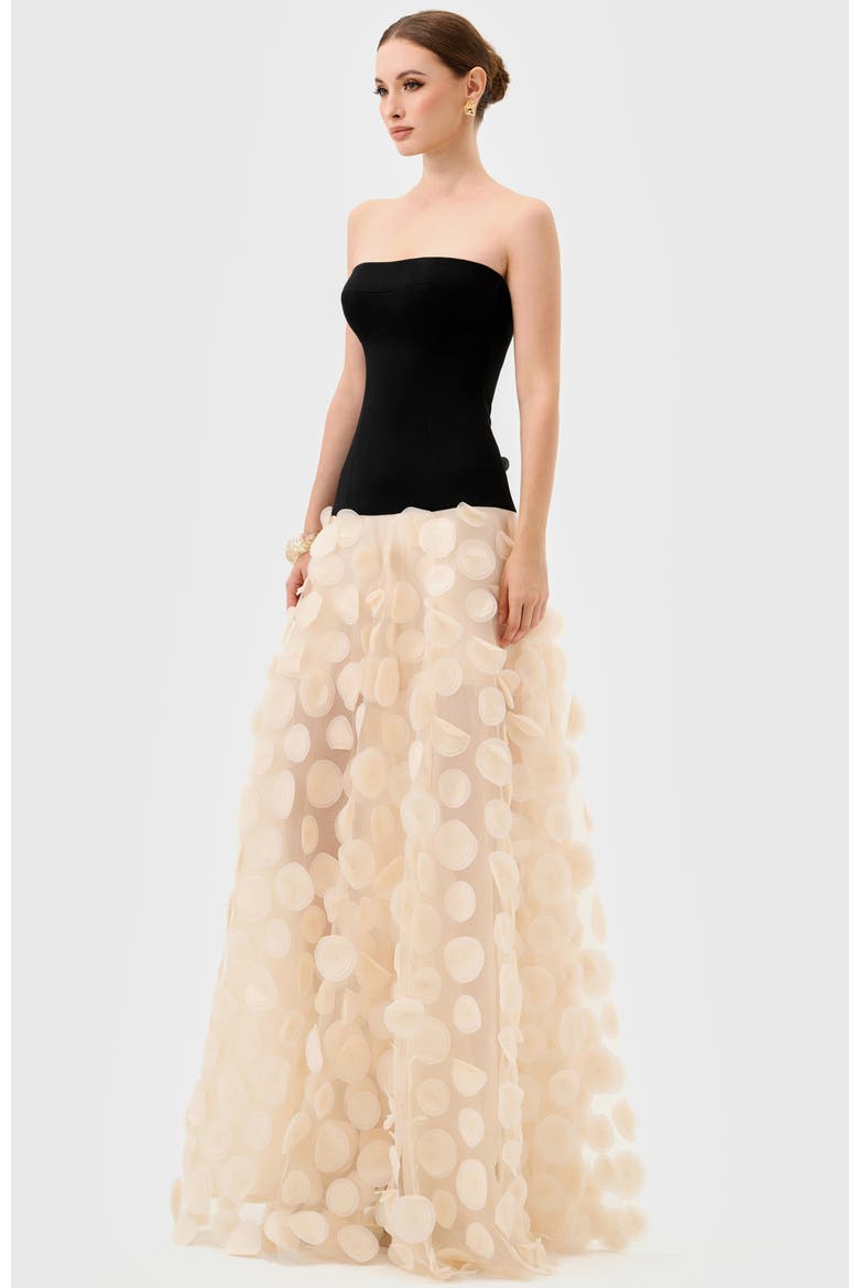 Avenna Strapless Petal Gown, Alternate, color, BLACK WHITE