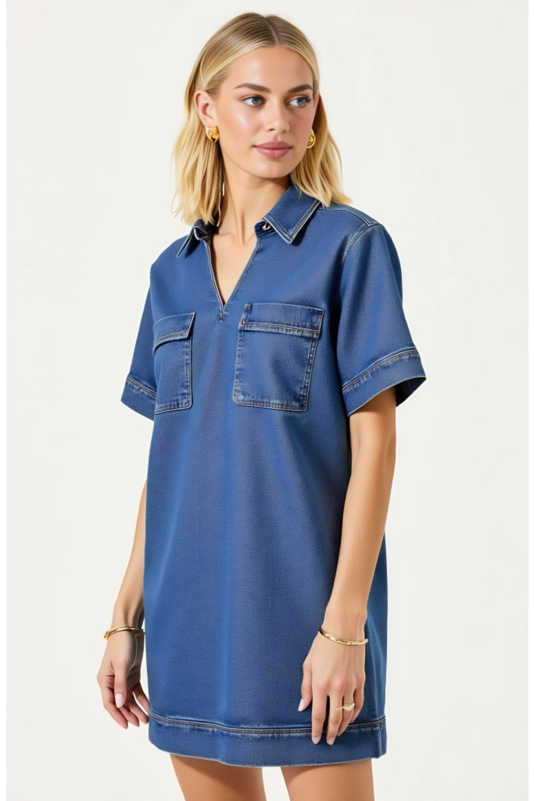 Denim Mini Short Sleeve Chest Patch Pocket Shirt Dress, Alternate, color, Blue