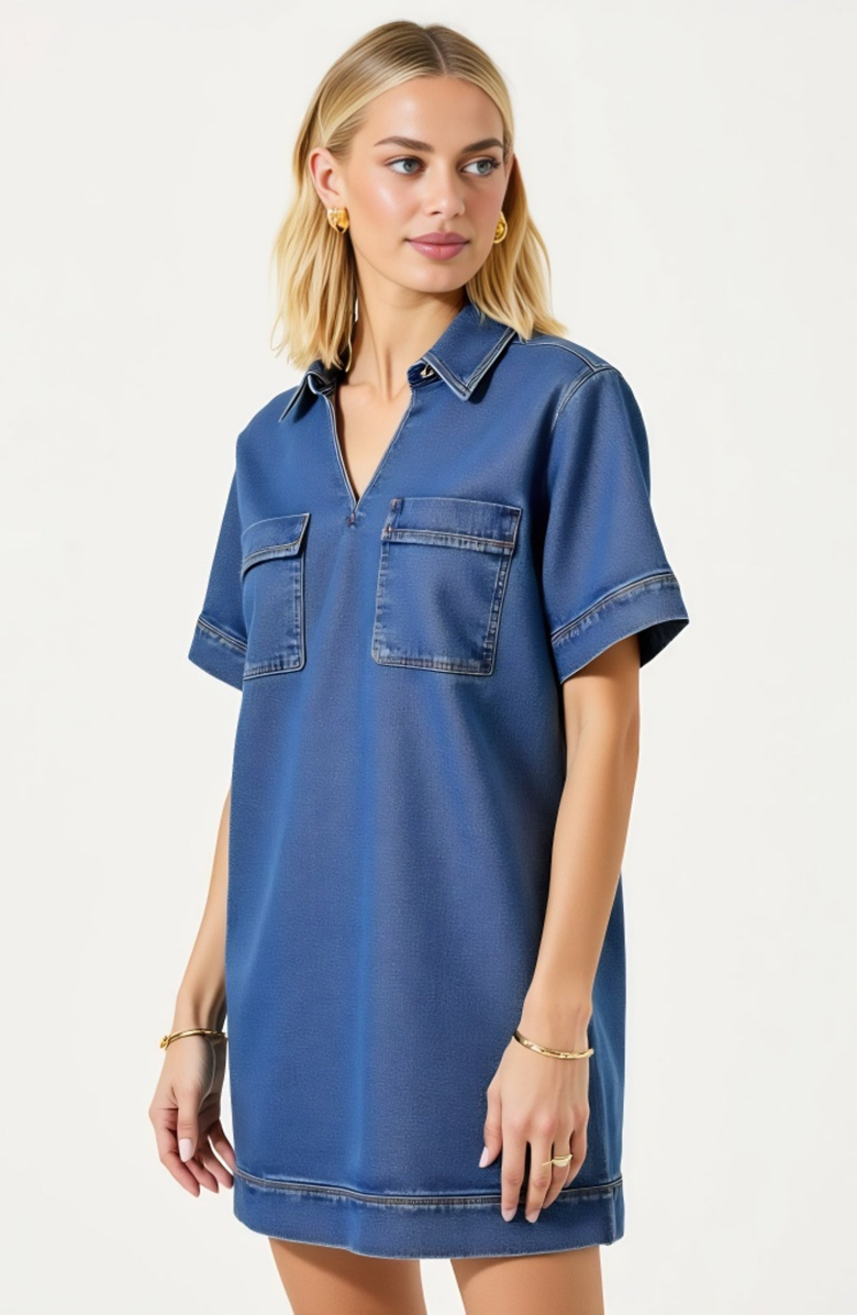 Modenaire Denim Mini Short Sleeve Chest Patch Pocket Shirt Dress, Alternate, color, Blue