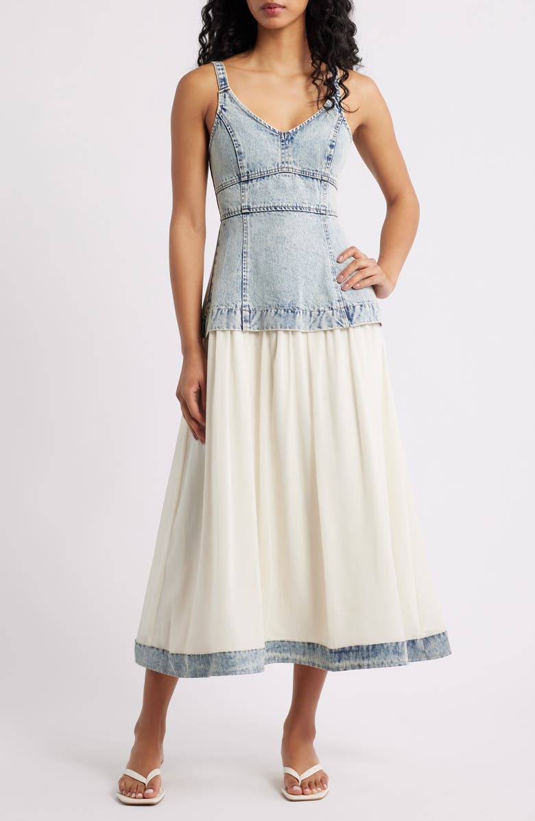MOON RIVER Sleeveless Mixed Media Denim Dress, Main, color, Denim Blue