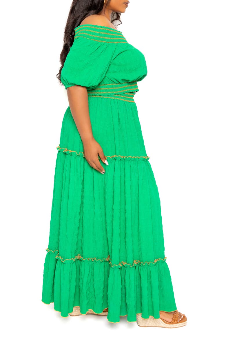 Smocked Off the Shoulder Puff Sleeve Top & Maxi Skirt Set, Alternate, color, GREEN