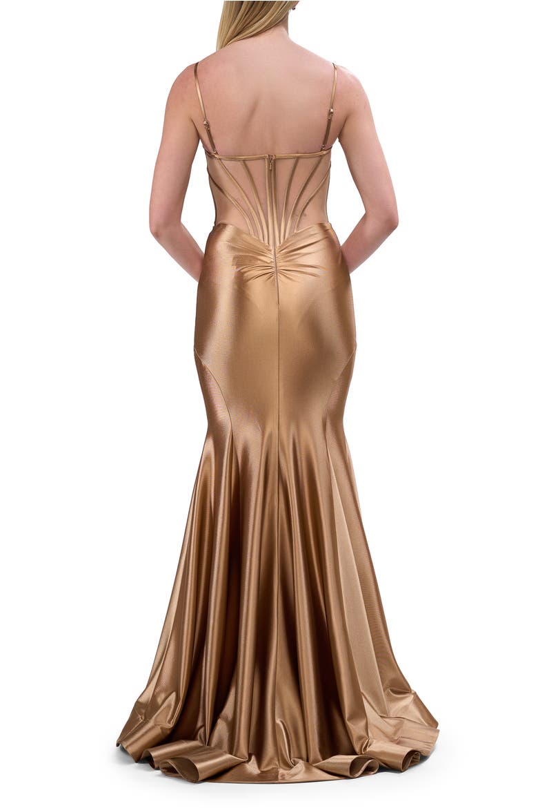 Chic Stretch Satin Gown with Corset Top and Flare Skirt, Alternate, color, Bronze