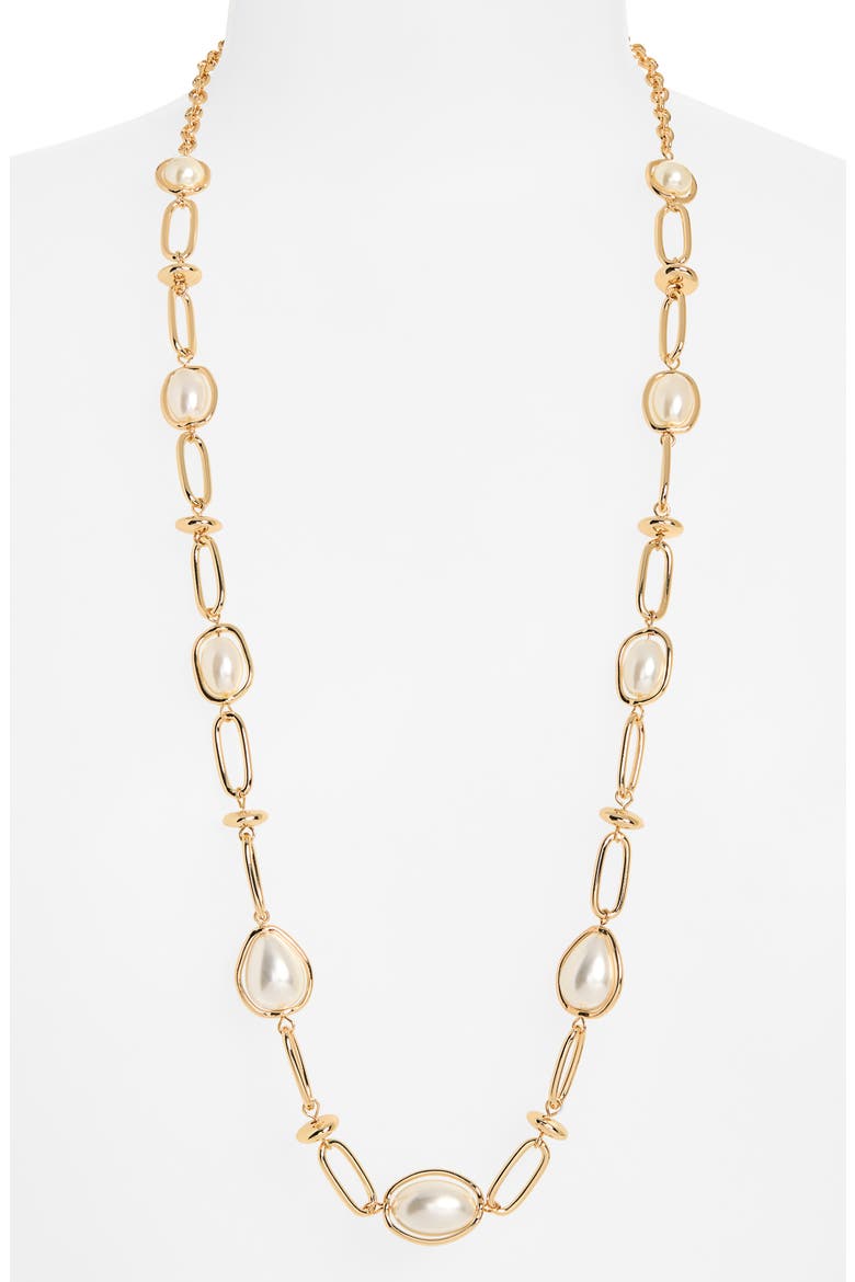 Stationary Imitation Pearl Long Necklace, Main, color, WHITE- GOLD