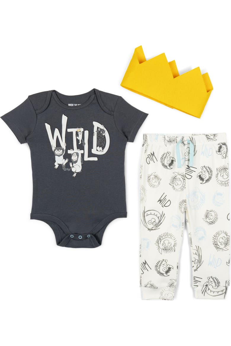 Where the Wild Things Are Max Birthday Bodysuit Pants and Hat Set, Main, color, Max Grey Yellow