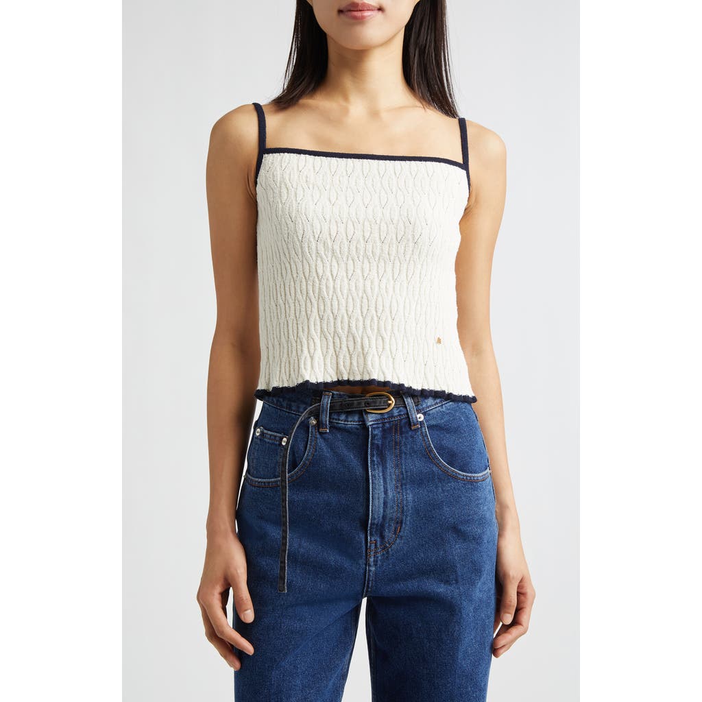 Eenk Contrast Trim Pointelle Cable Knit Camisole In Ivory
